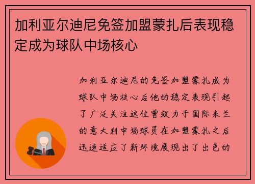 加利亚尔迪尼免签加盟蒙扎后表现稳定成为球队中场核心